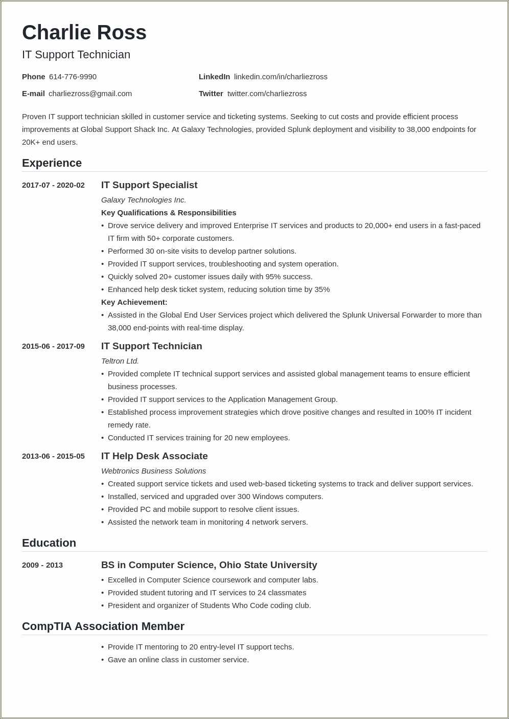 Executive Summary Resume Example Template Information Technology