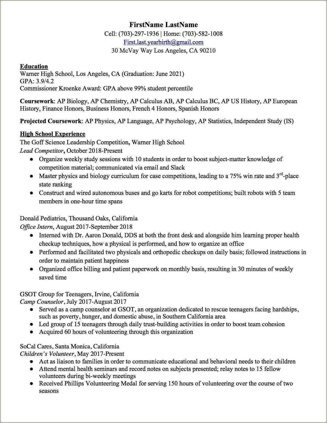 Extra Curricular Activities Resume Examples - Resume Example Gallery