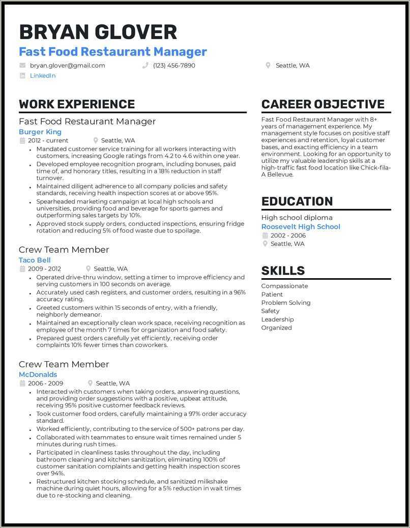 Fast Food Area Manager Resume Sample