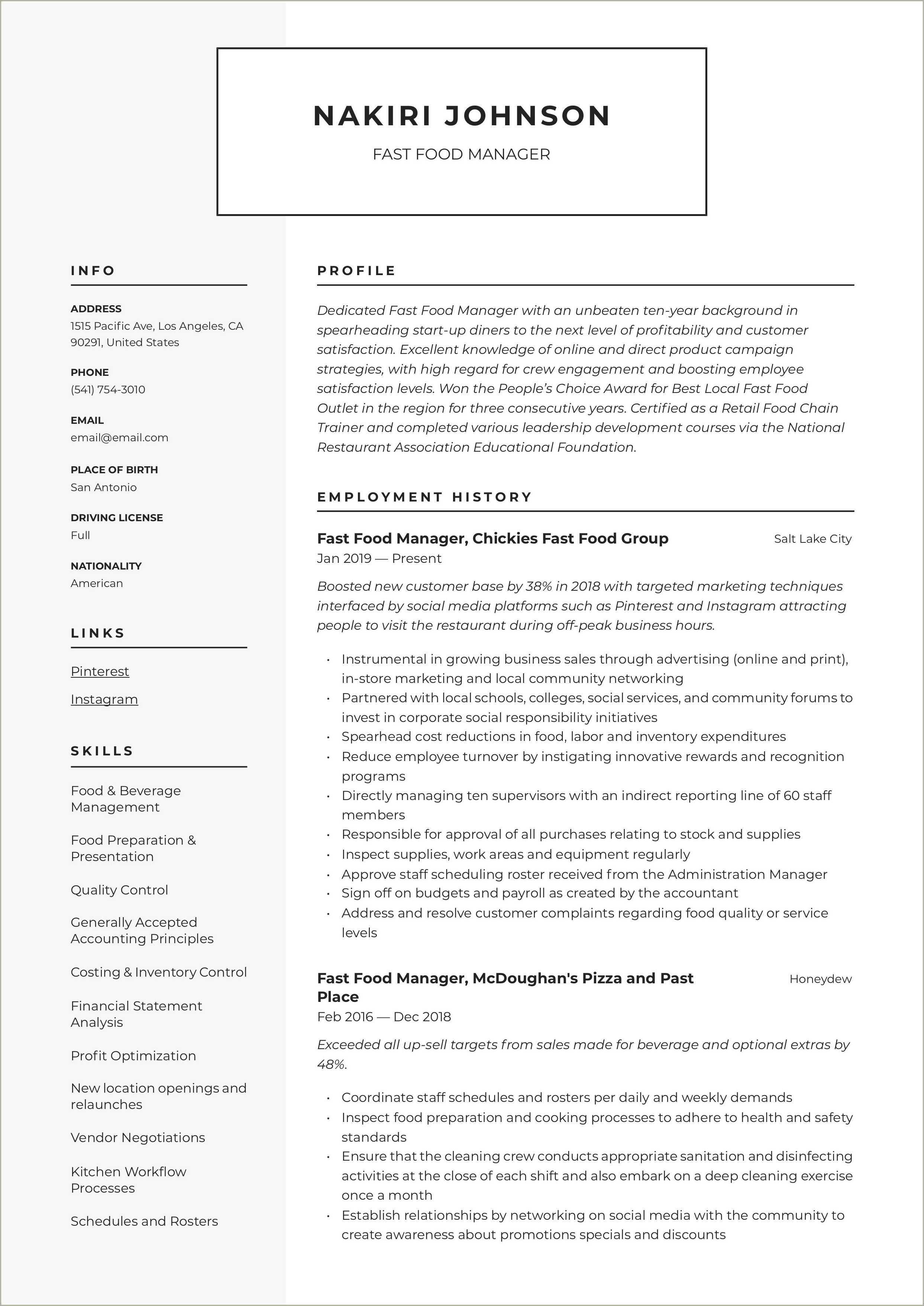 Fast Food Area Manager Resume