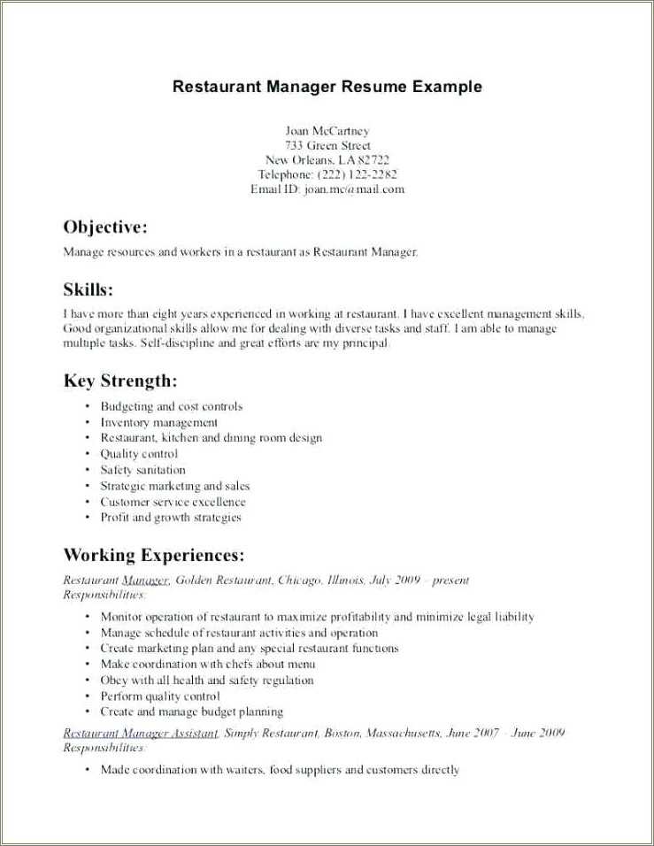 Fast Food Assistant Manager Job Description For Resume