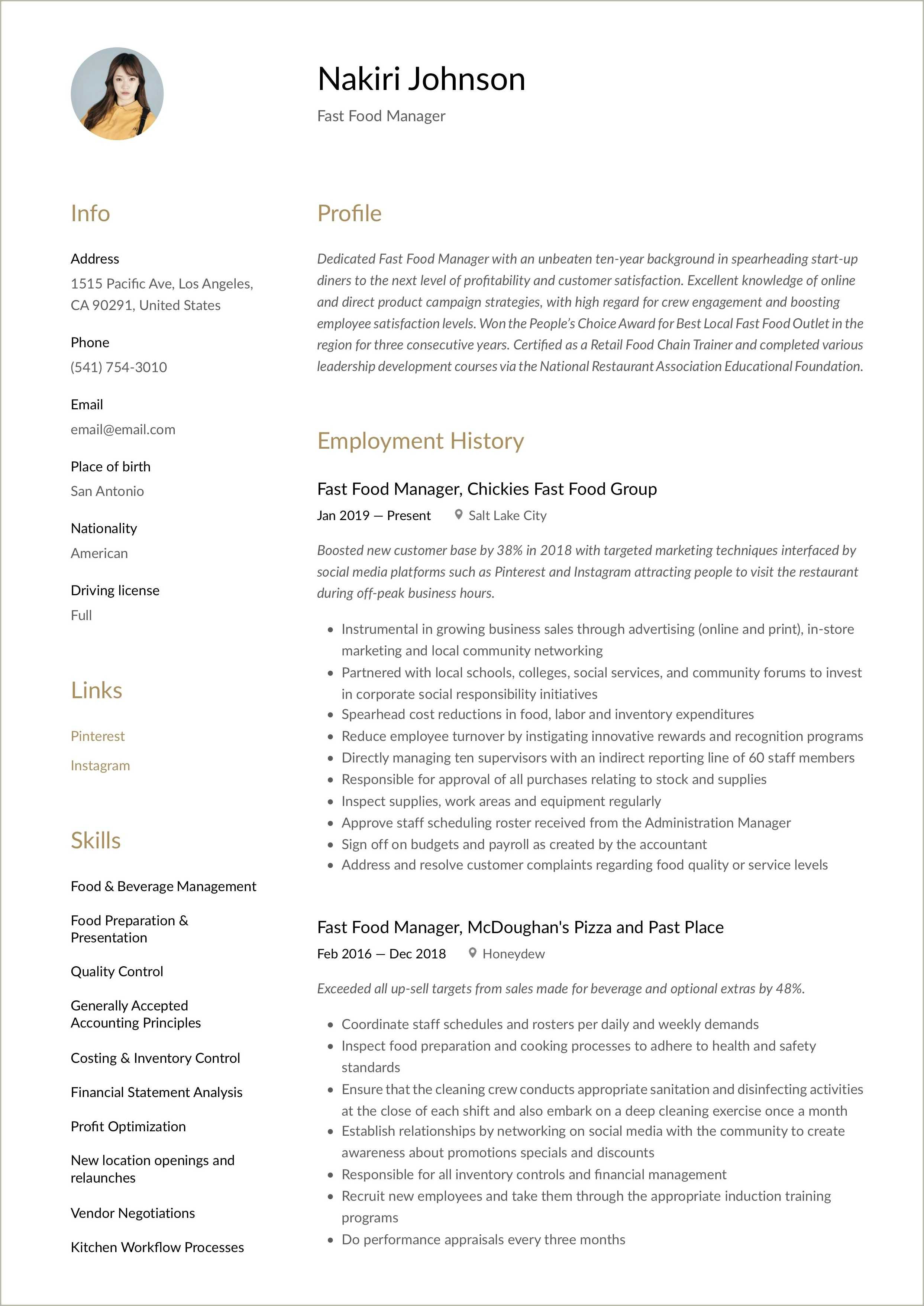 Fast Food Assistant Manager Resume Examples