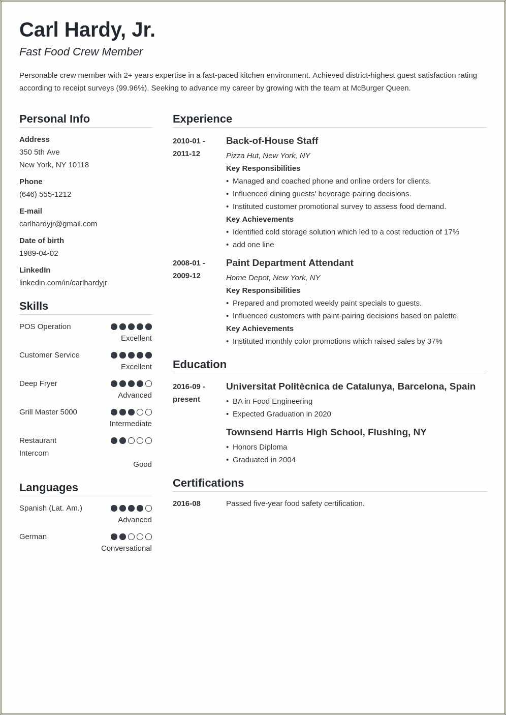 Fast Food Cashier Job Description Resume Sample