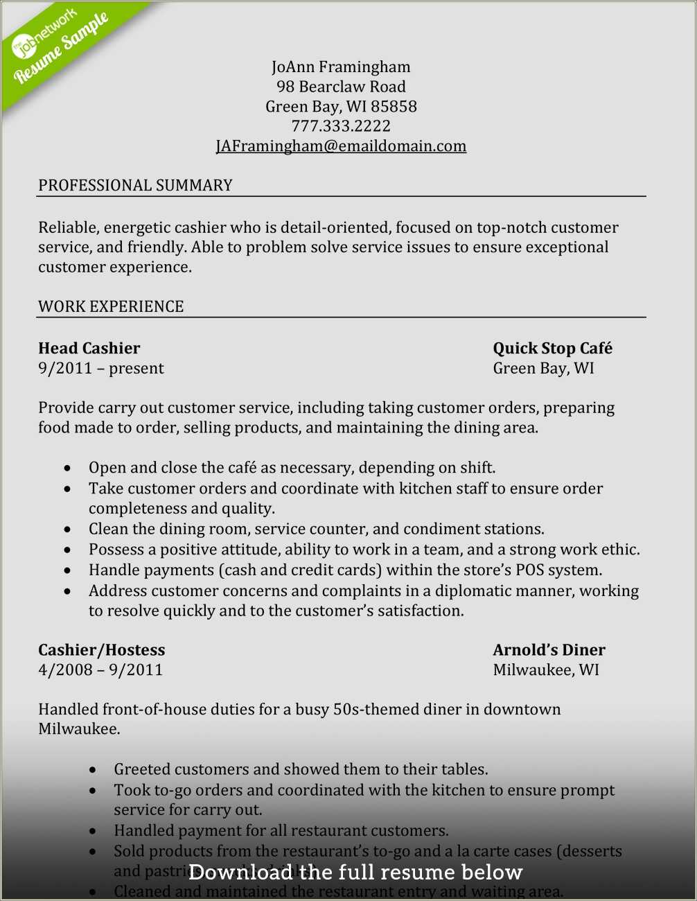 Fast Food Cashier Job Resume Objective