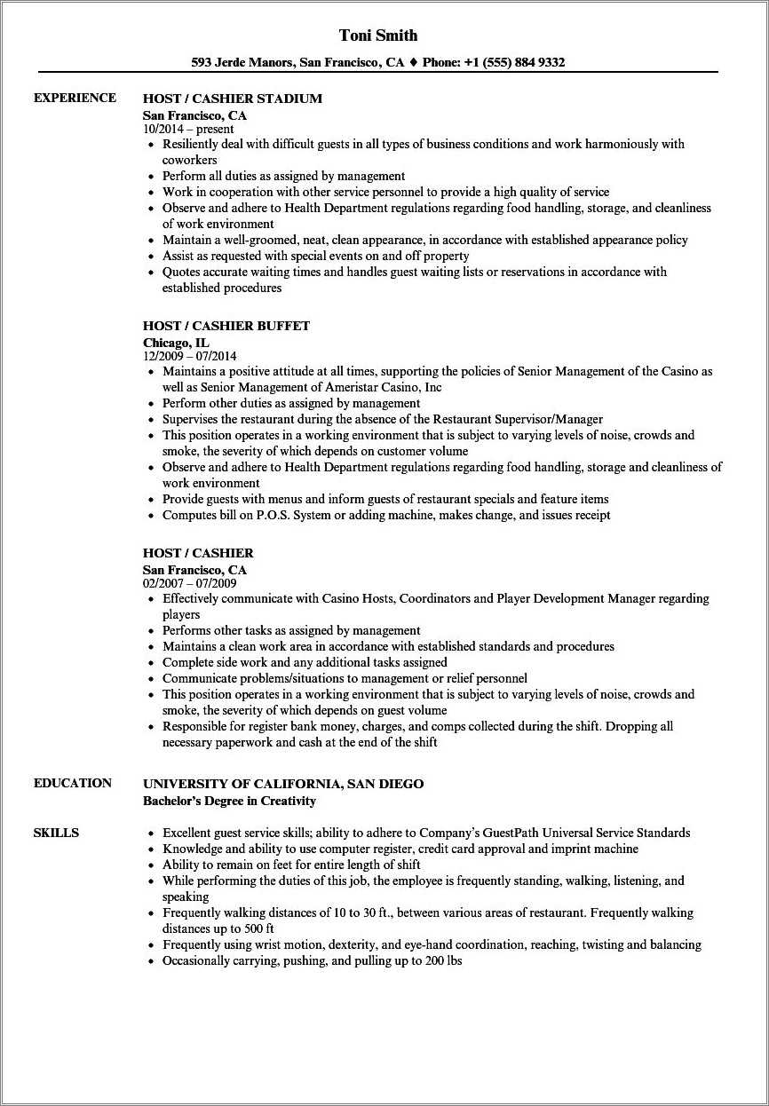 Fast Food Cashier Resume Job Description