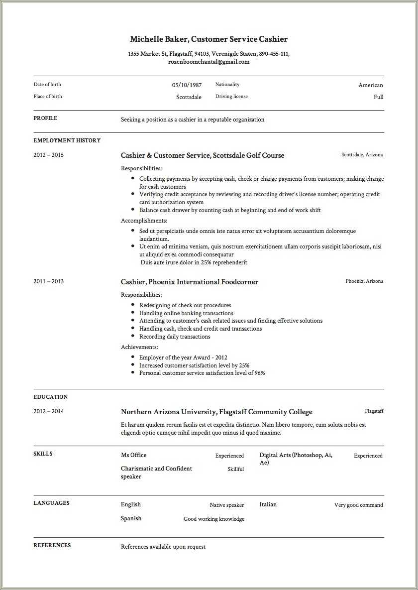 Fast Food Cashier Resume Sample