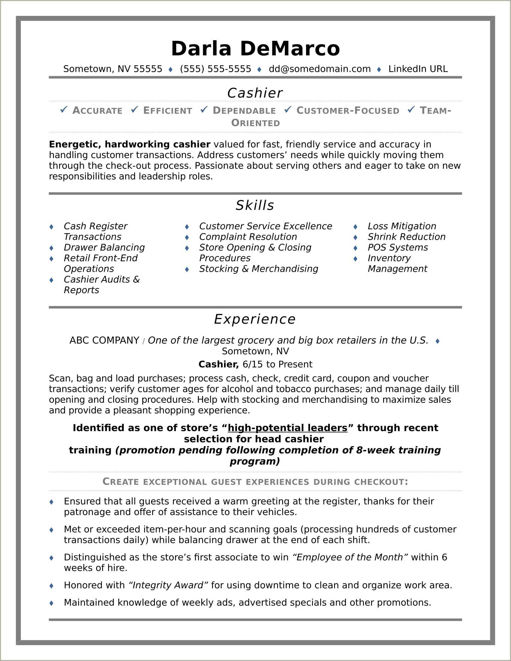 Fast Food Cashier Skills Resume