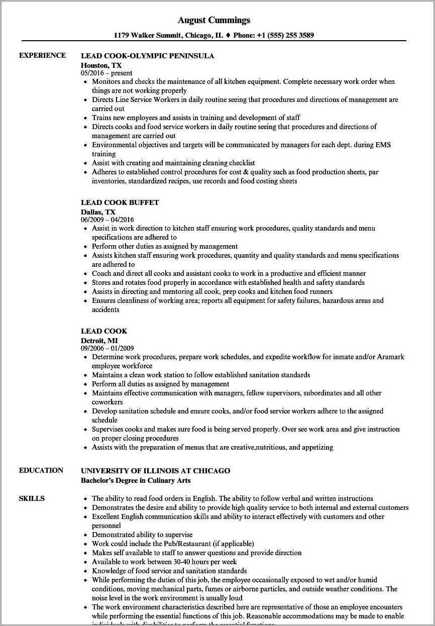 Fast Food Cook Description For Resume