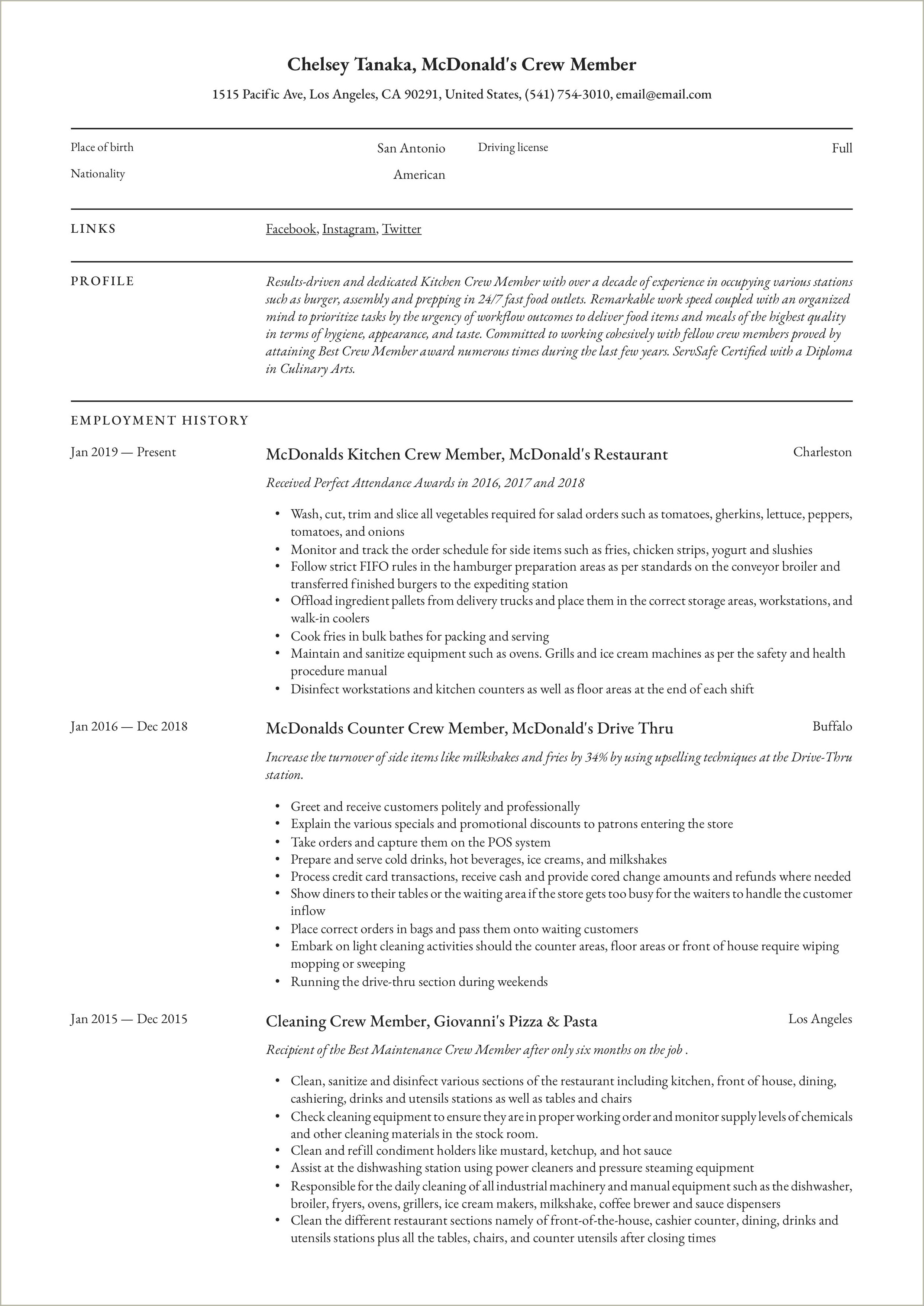 Fast Food Cook Sample Resume