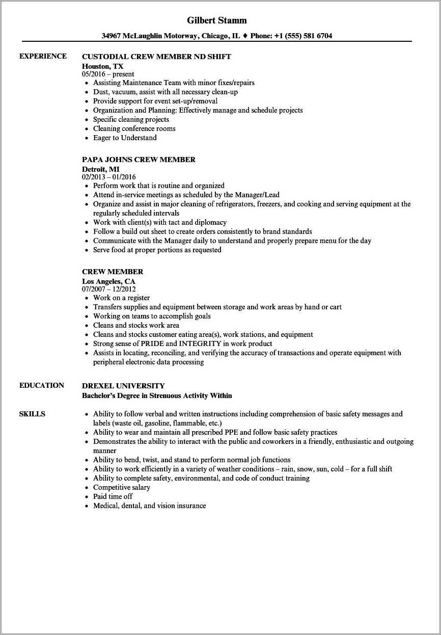 Fast Food Crew Resume Objective