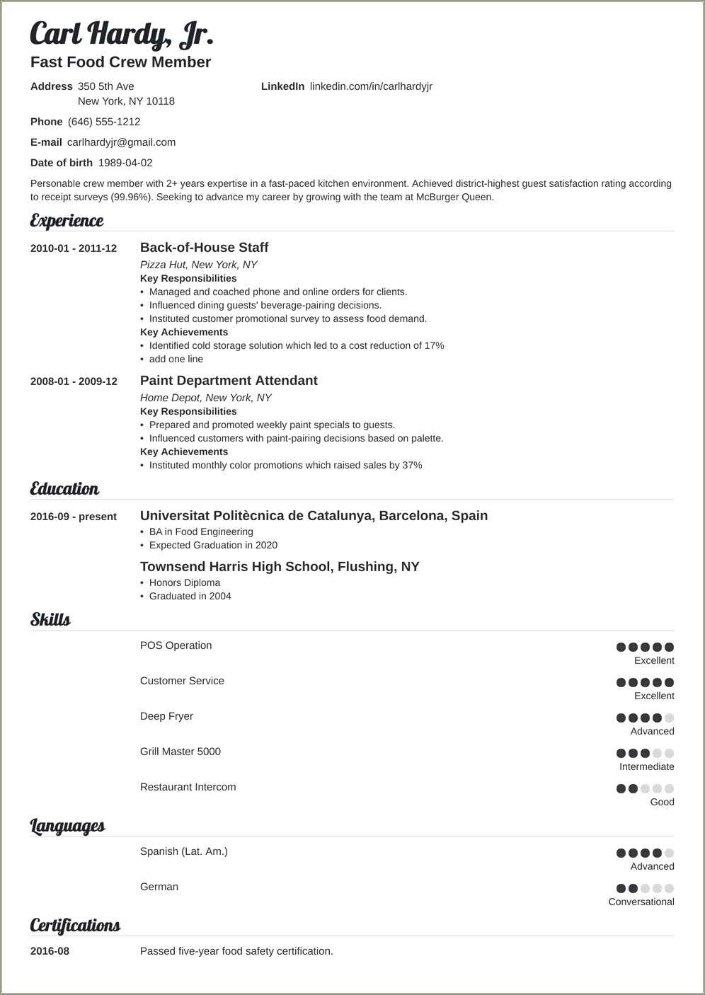 Fast Food Customer Service Resume Example