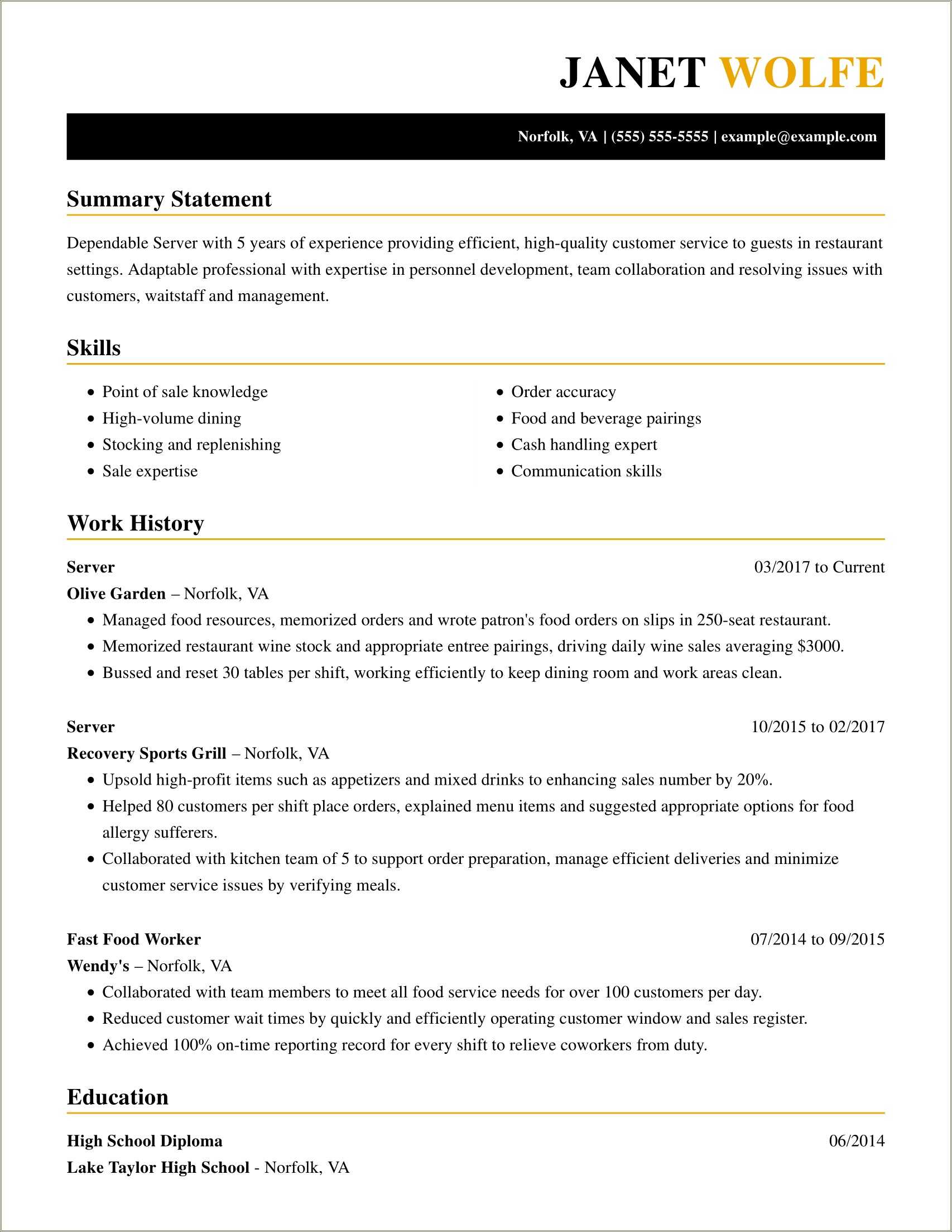 Fast Food Customer Service Resume Sample