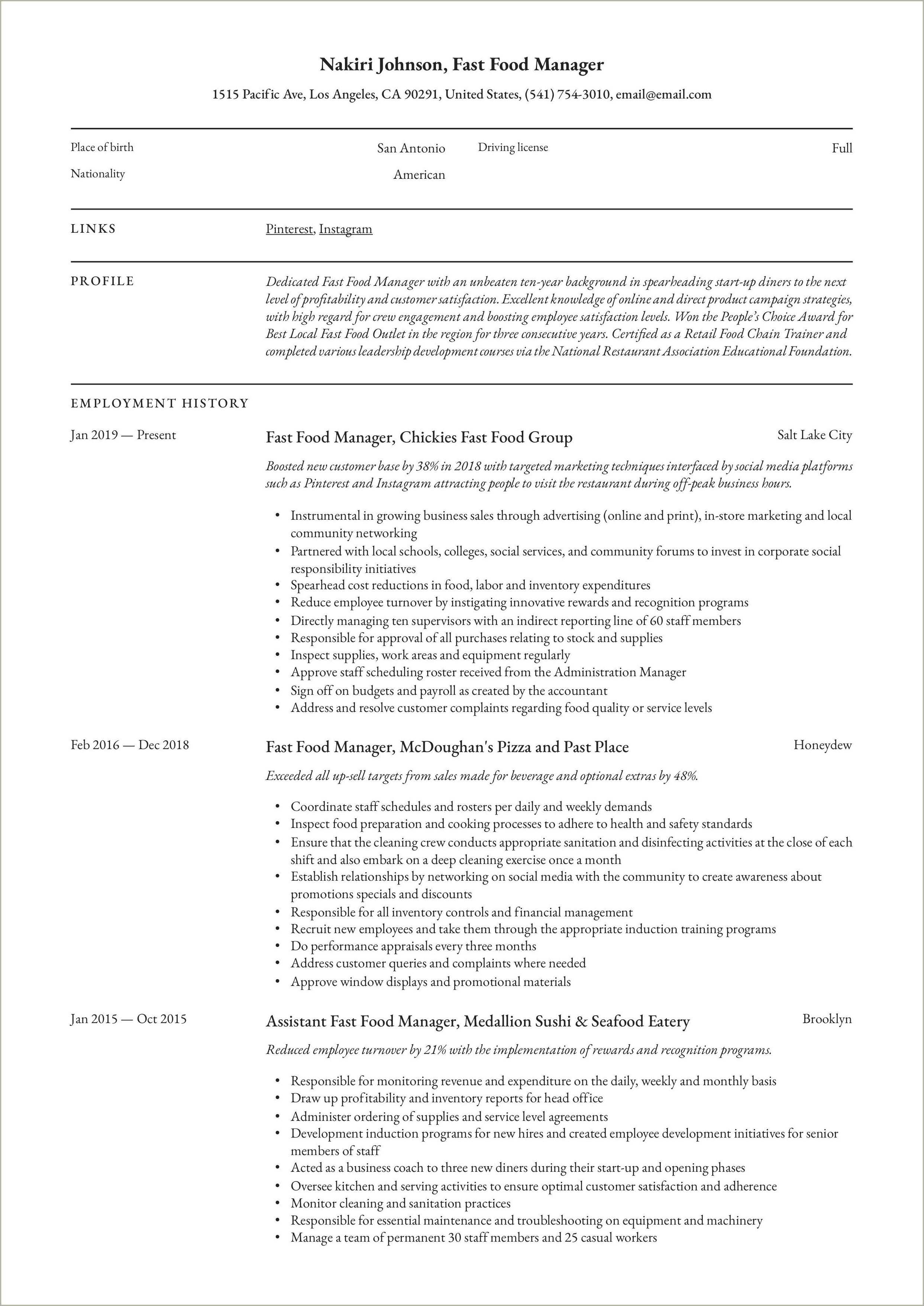 Fast Food Department Manager Resume Sample