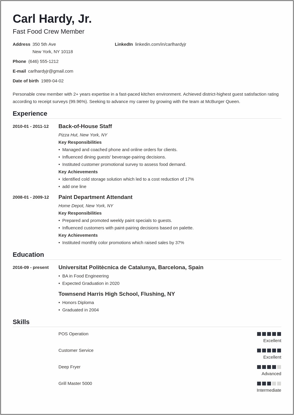 Fast Food Experience Resume Sample