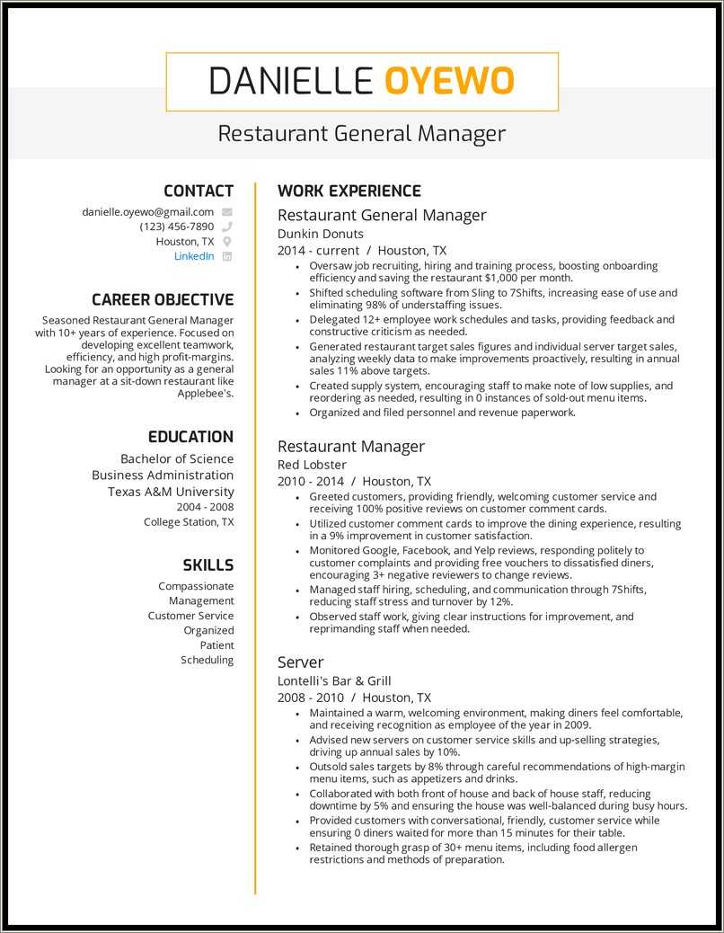 Fast Food General Manager Resume