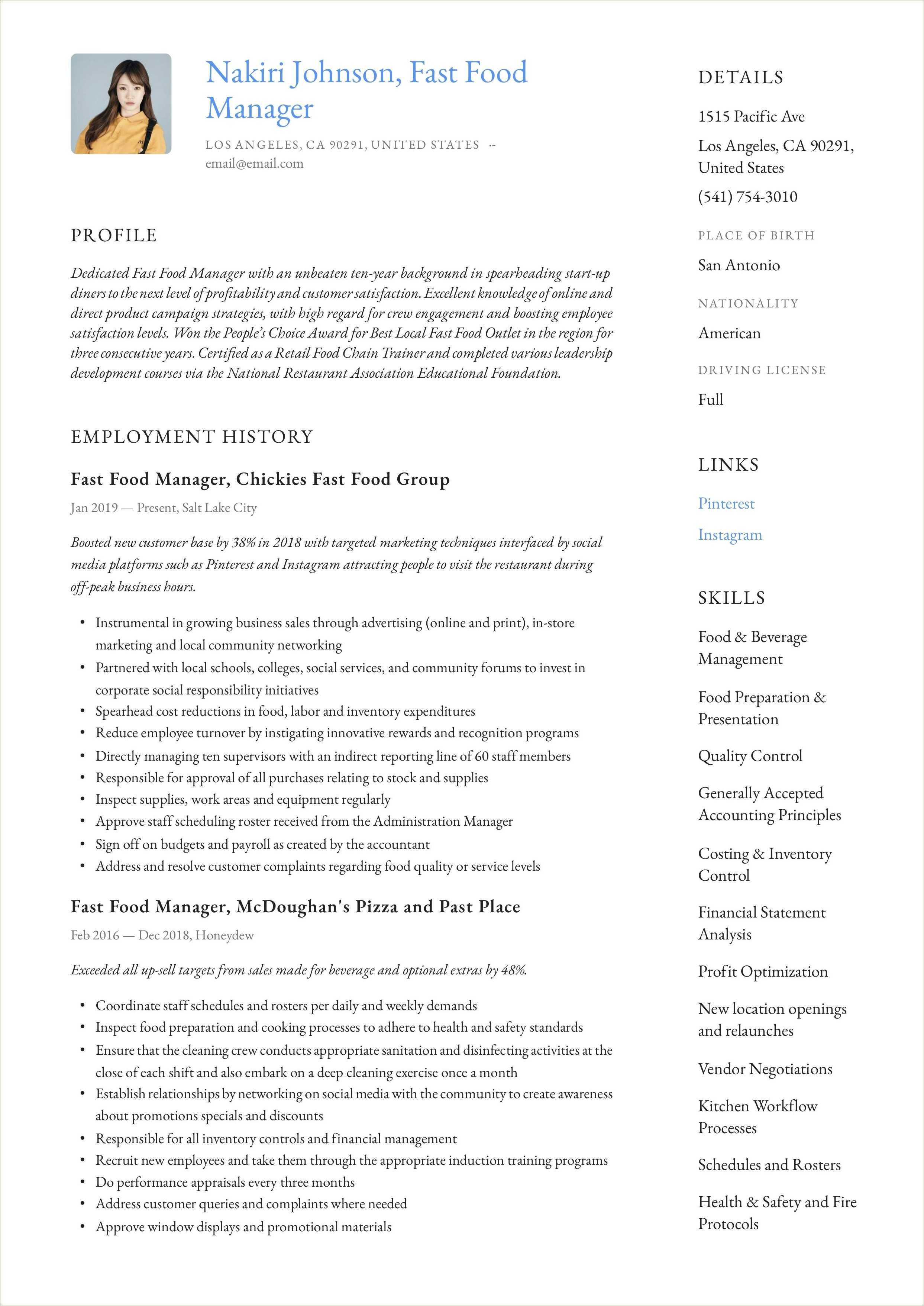 Fast Food Job Skills For Resume