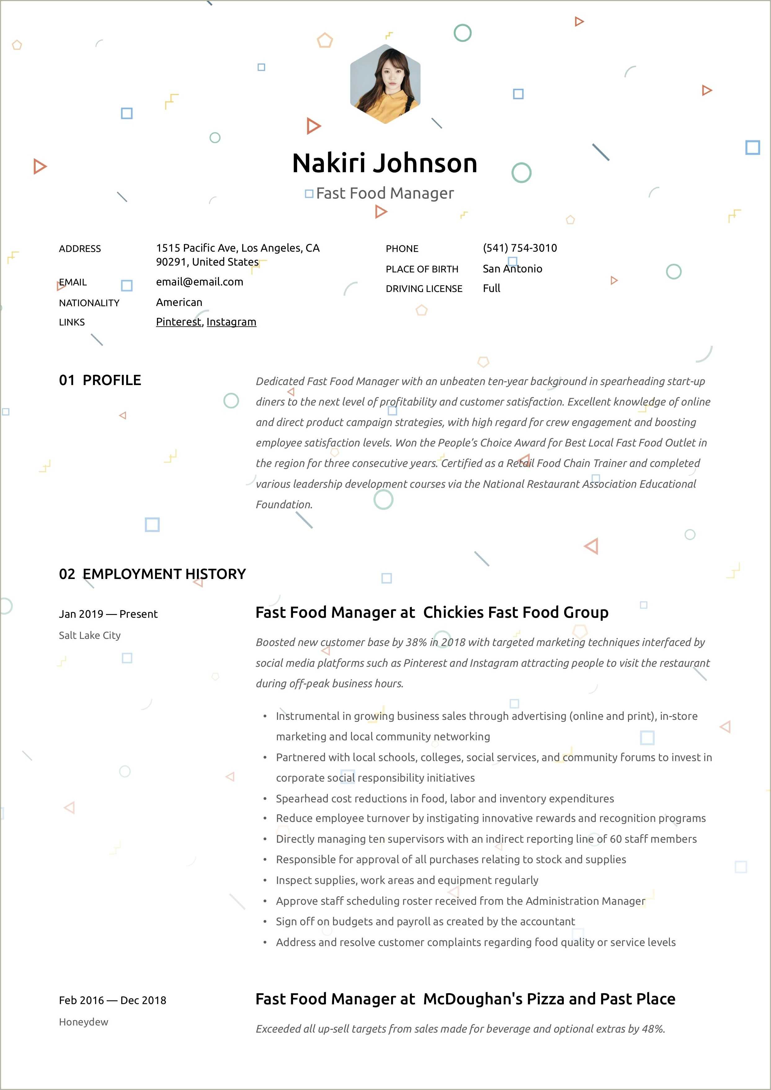 Fast Food Job Title For Resume