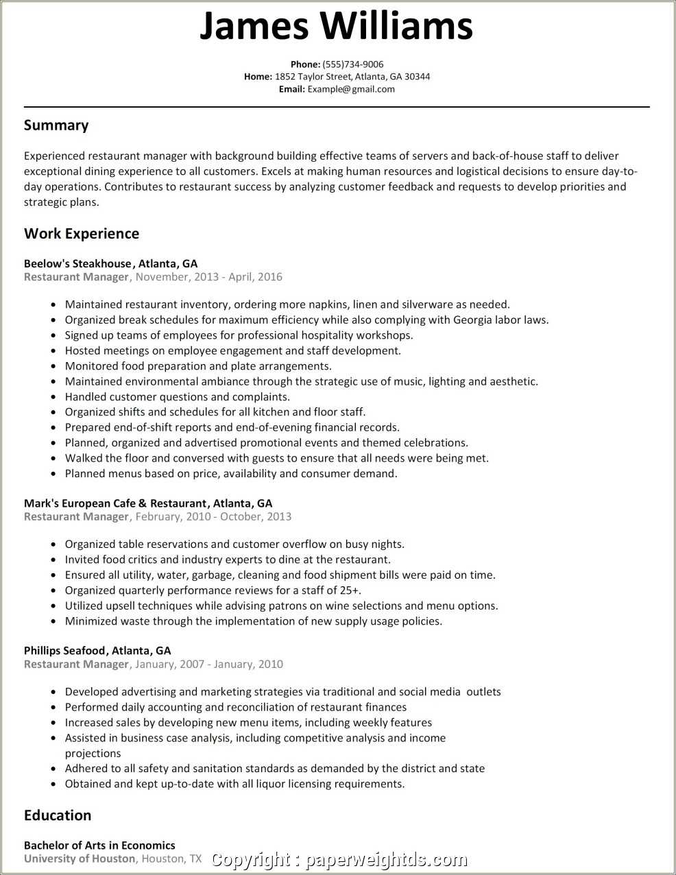 Fast Food Manager Description For Resume