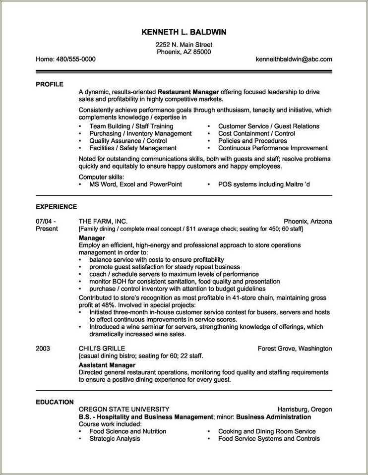 Fast Food Manager Job Description Resume