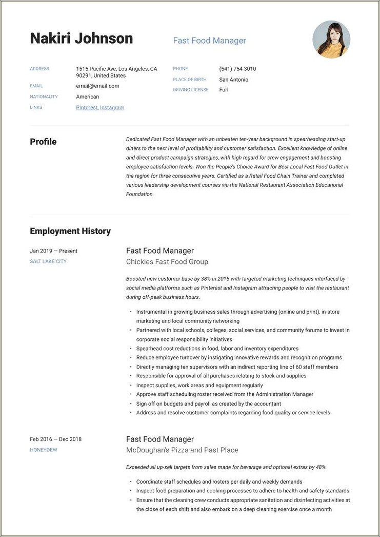 Fast Food Manager Resume Examples