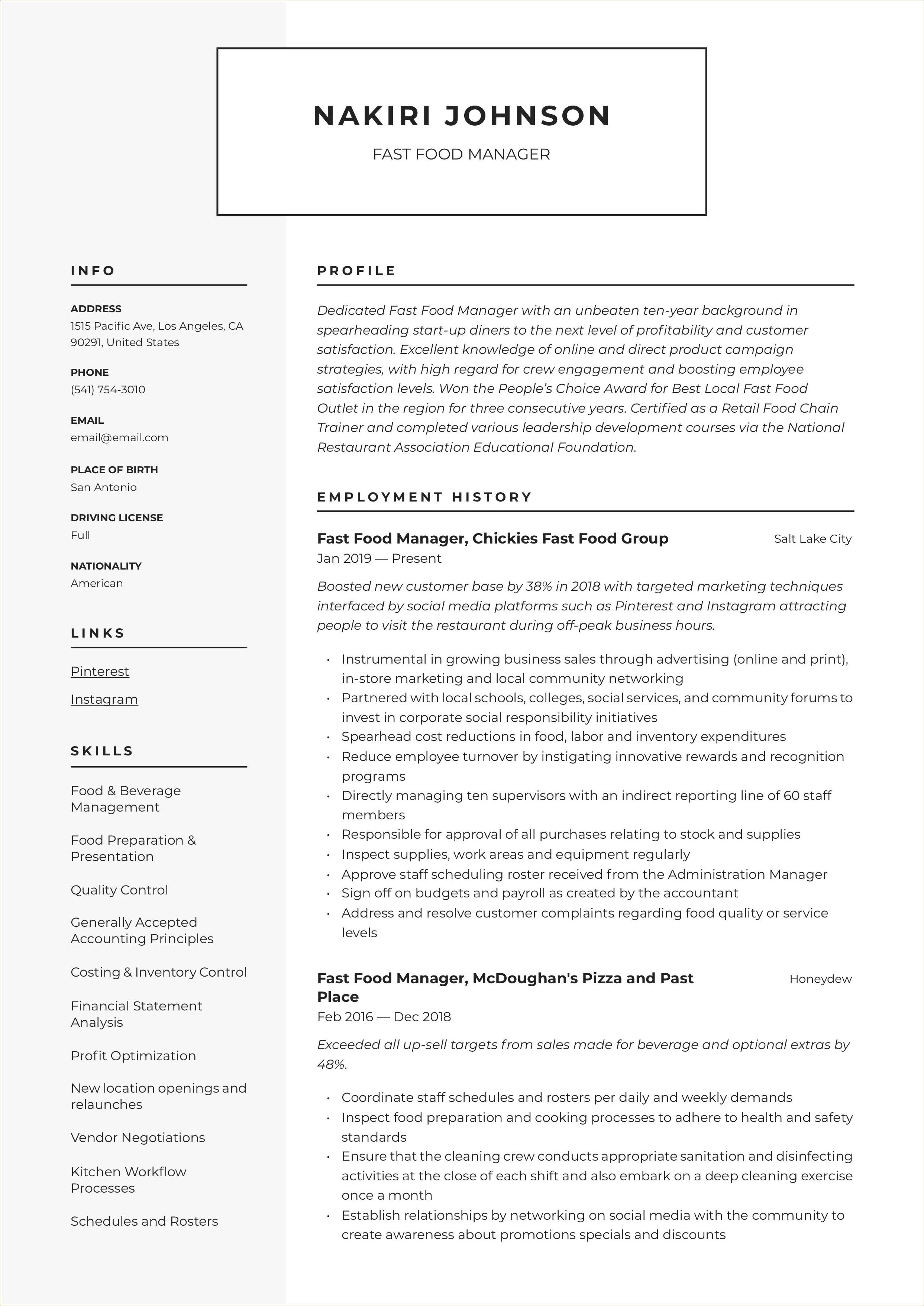 Fast Food Manager Resume Points