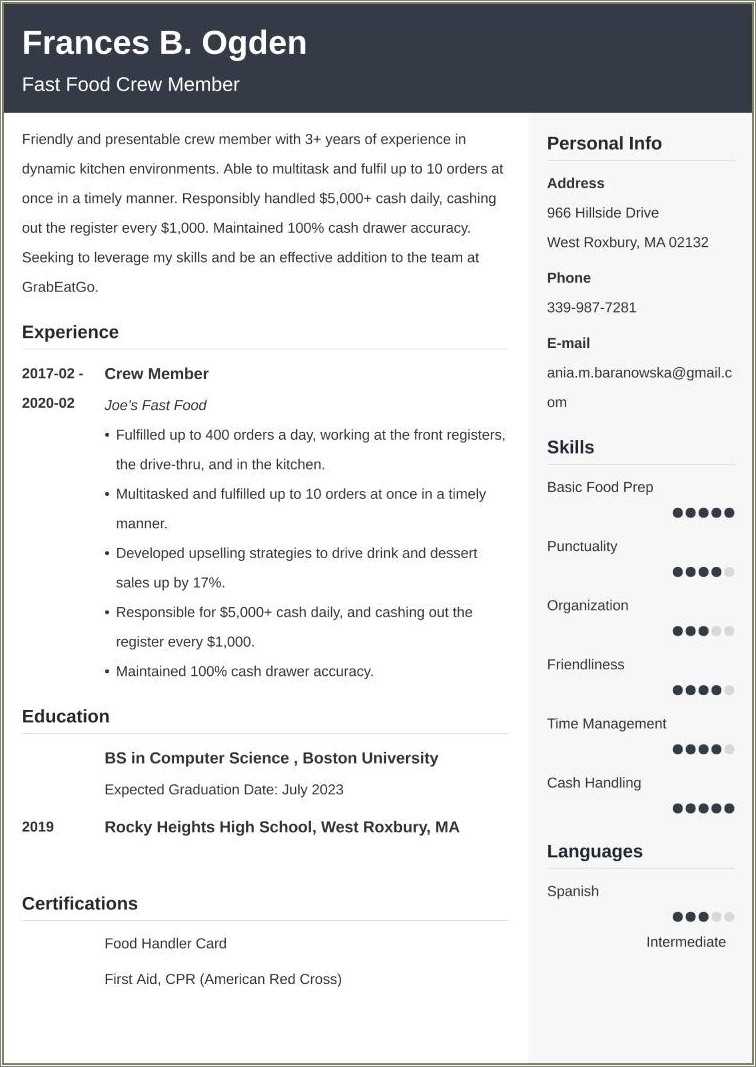 Fast Food Manager Resume Skills