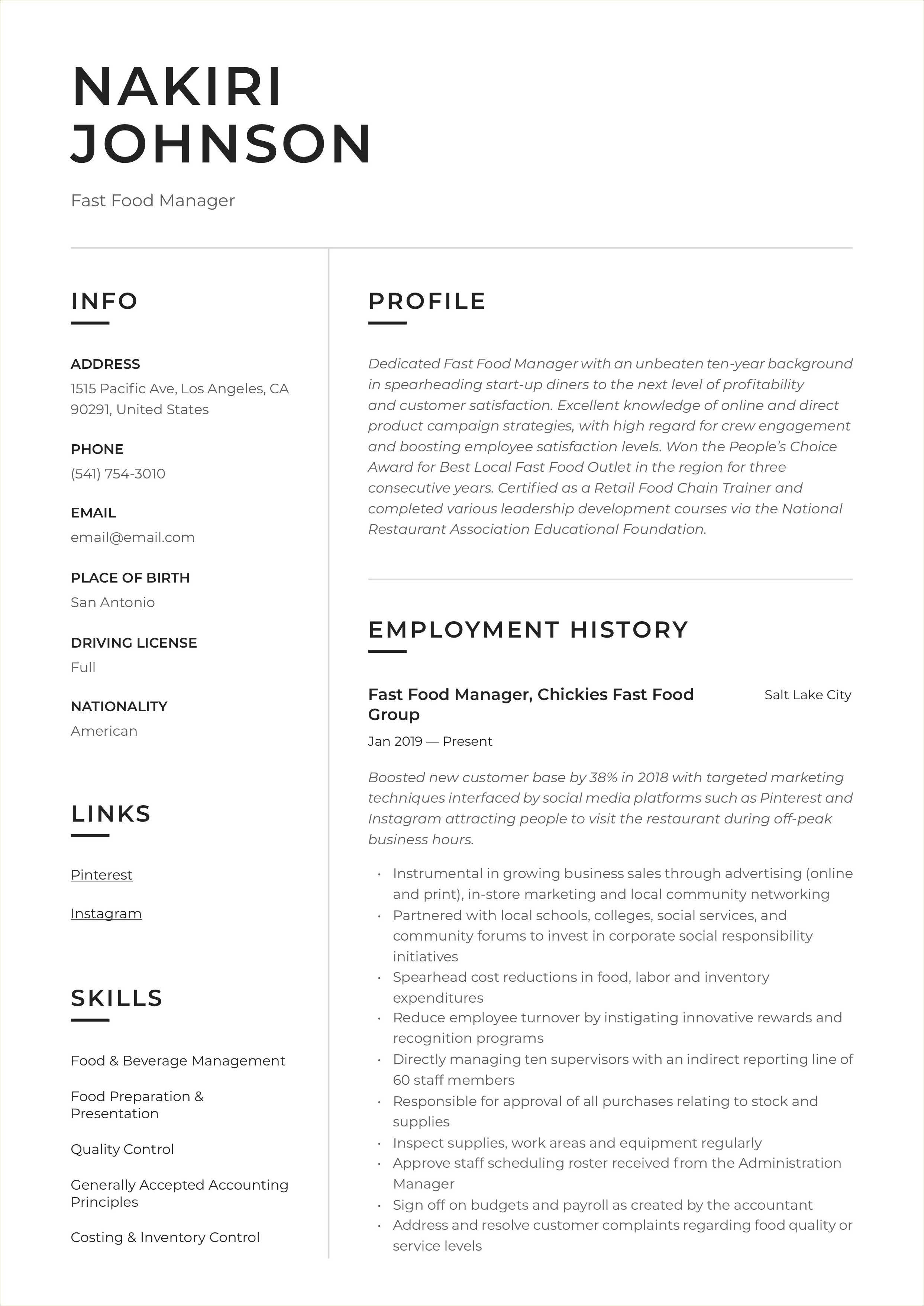 Fast Food Manager Resume Summary