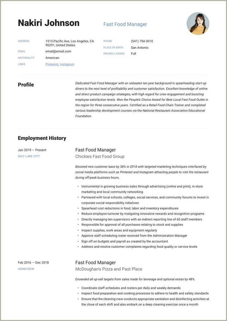 Fast Food Manager Sample Resume