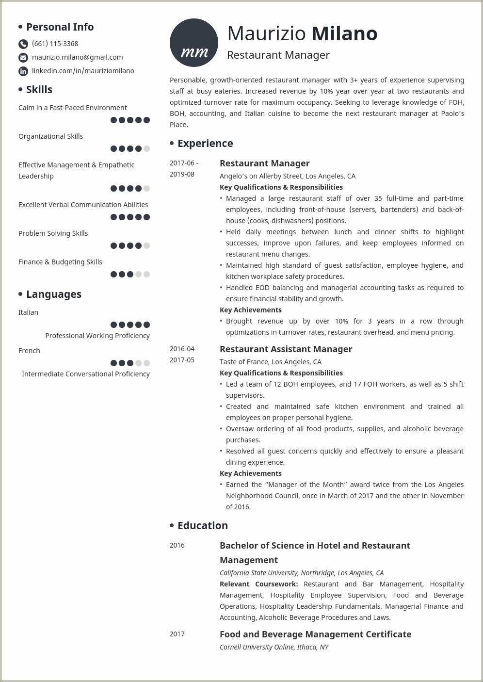 Fast Food Restaurant Management Resume