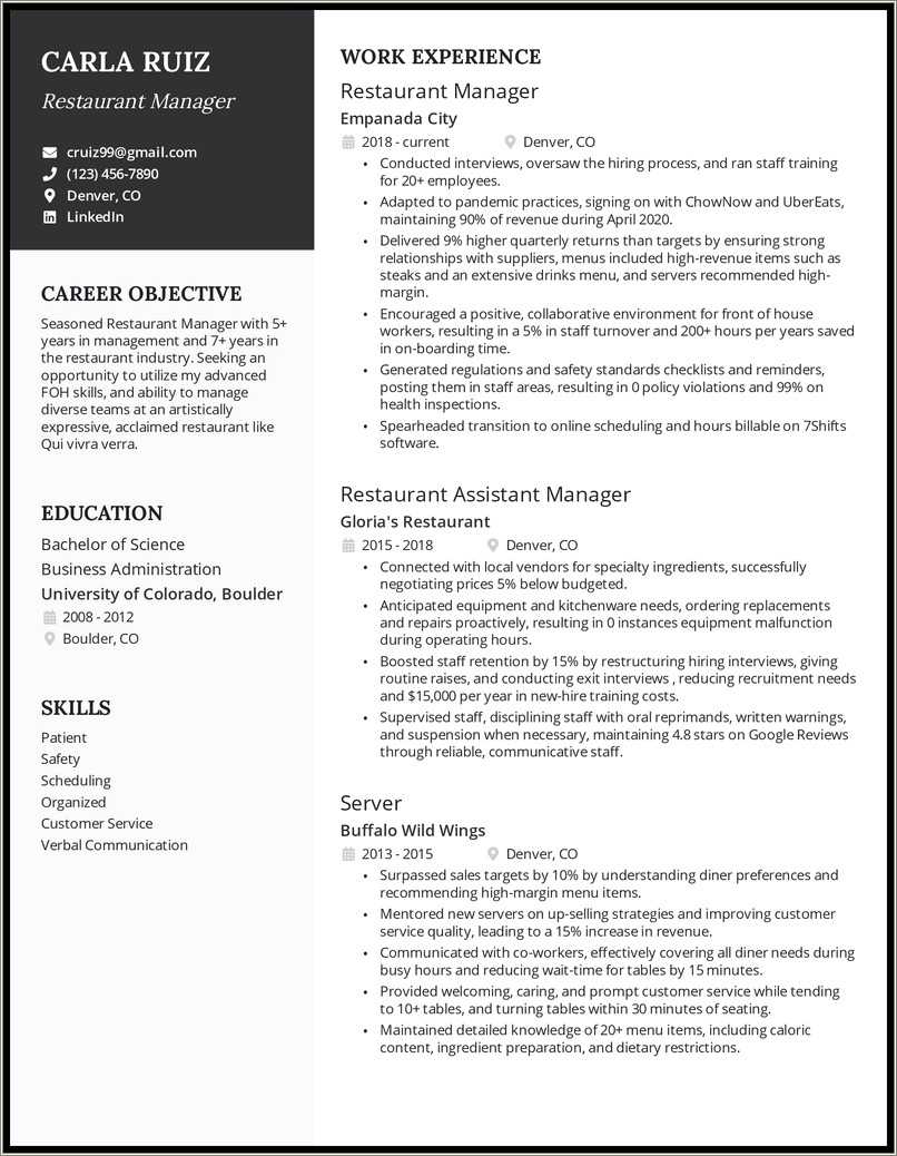 Fast Food Restaurant Manager Job Description Resume