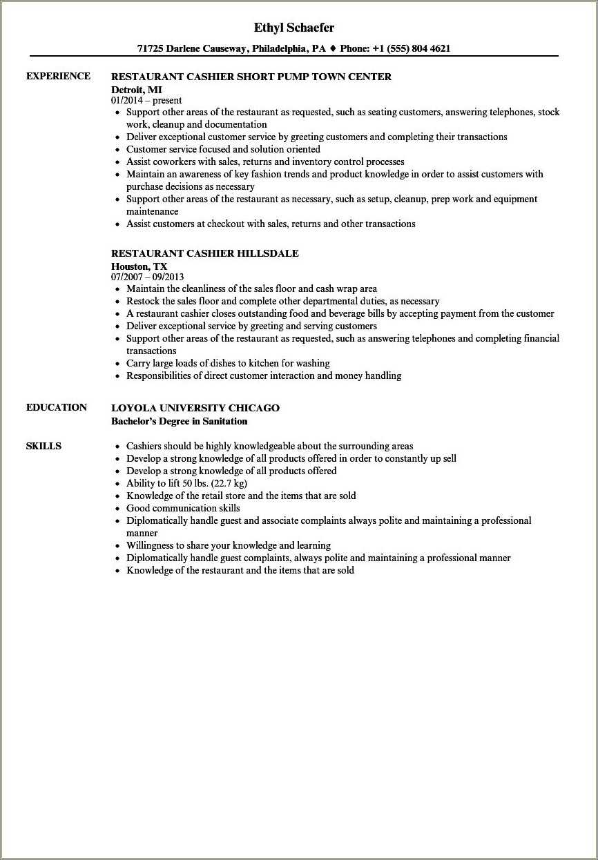 Fast Food Restaurant Manager Resume Sample