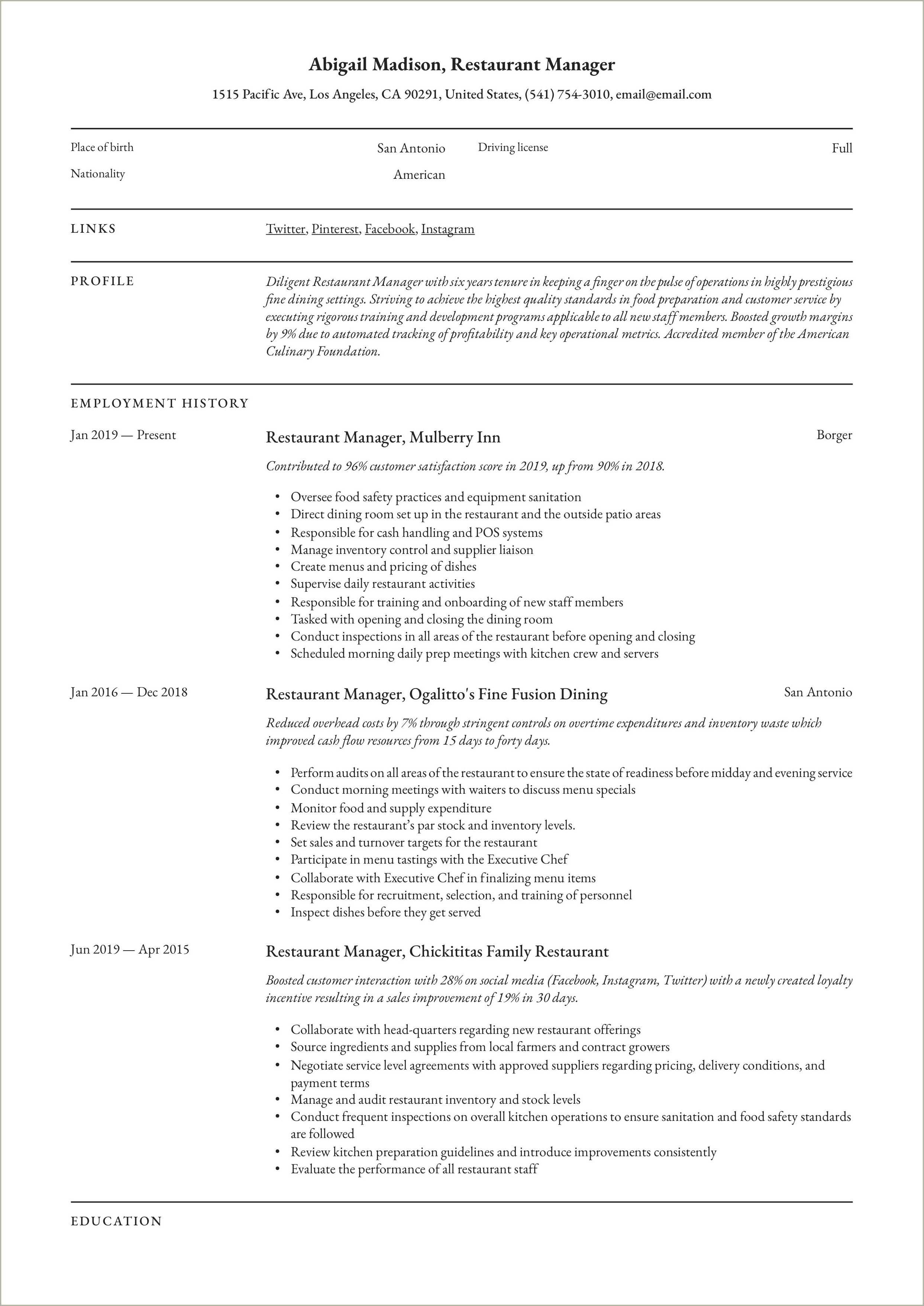 Fast Food Restaurant Manager Skills Resume