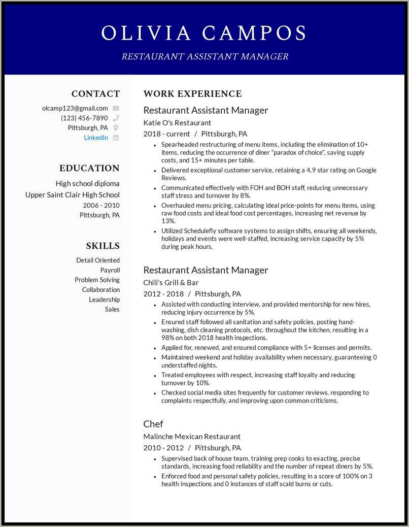 Fast Food Restaurant Resume Example