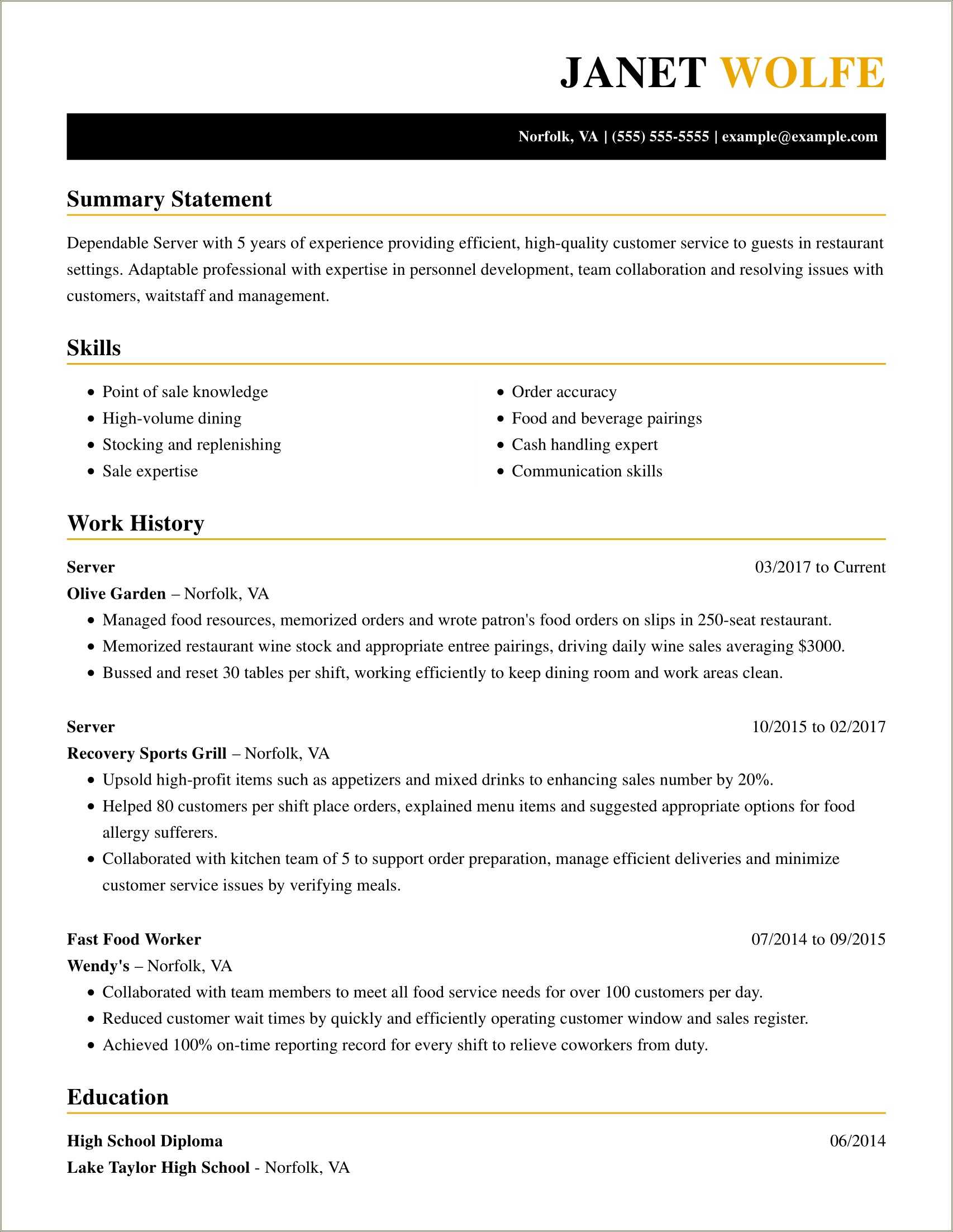 Fast Food Restaurant Resume Experience At The Moment