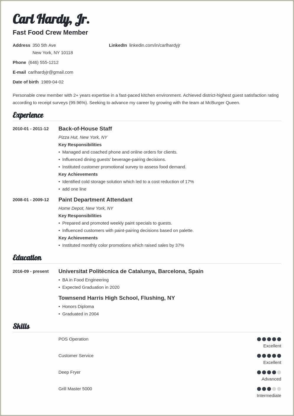 Fast Food Restaurant Resume Sample