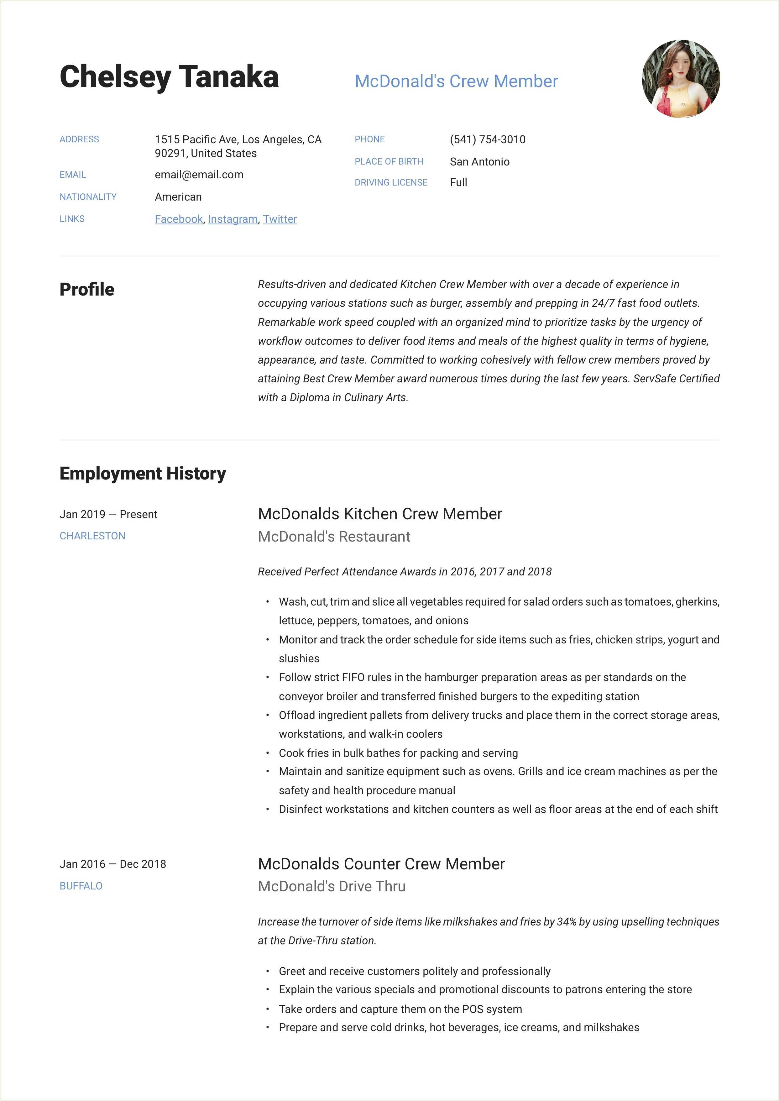 Fast Food Resume No Experience Template