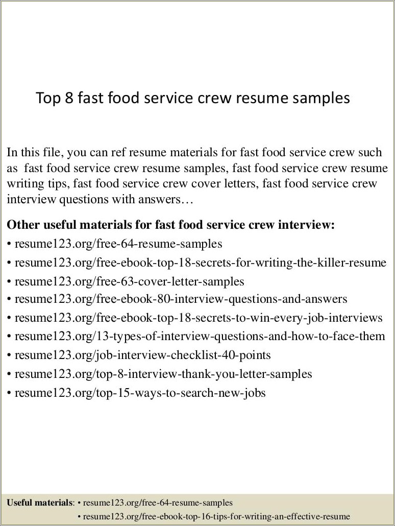 Fast Food Resume Samples Examples