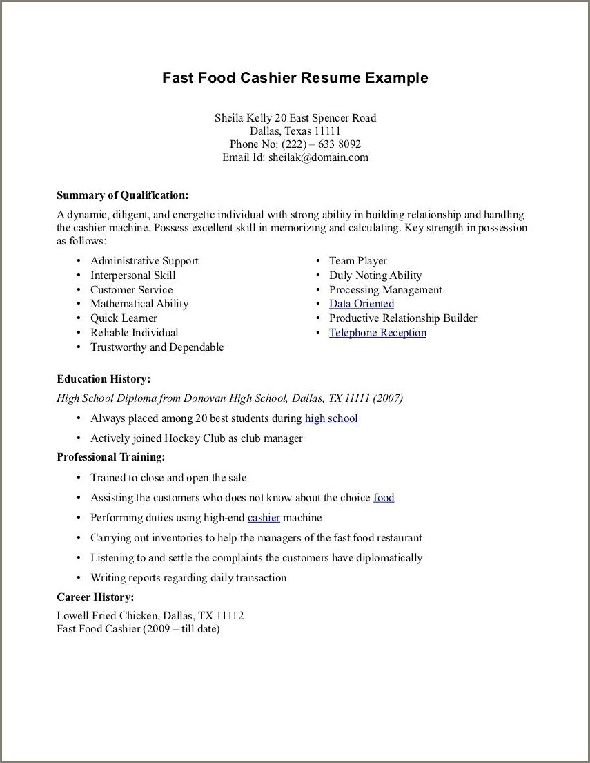 Fast Food Resume Skills Examples