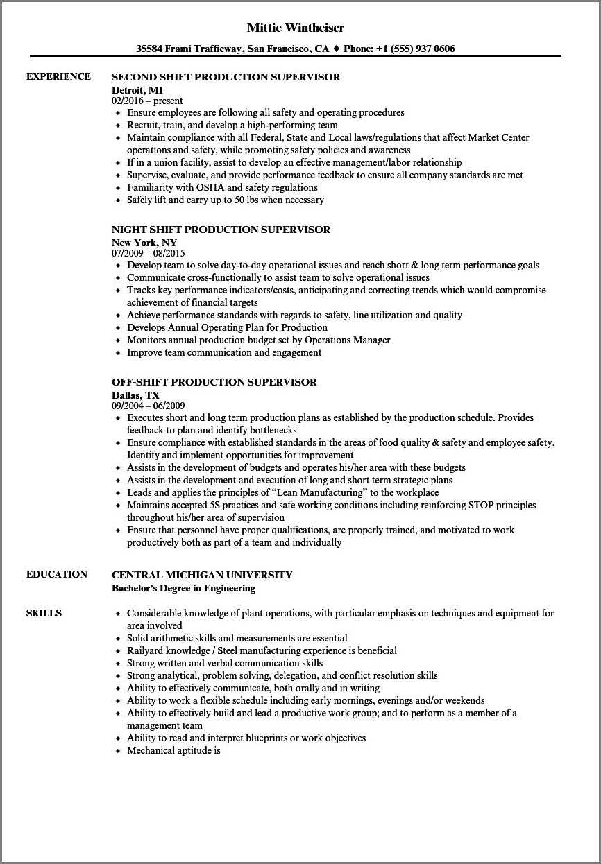 Fast Food Shift Manager Resume Sample