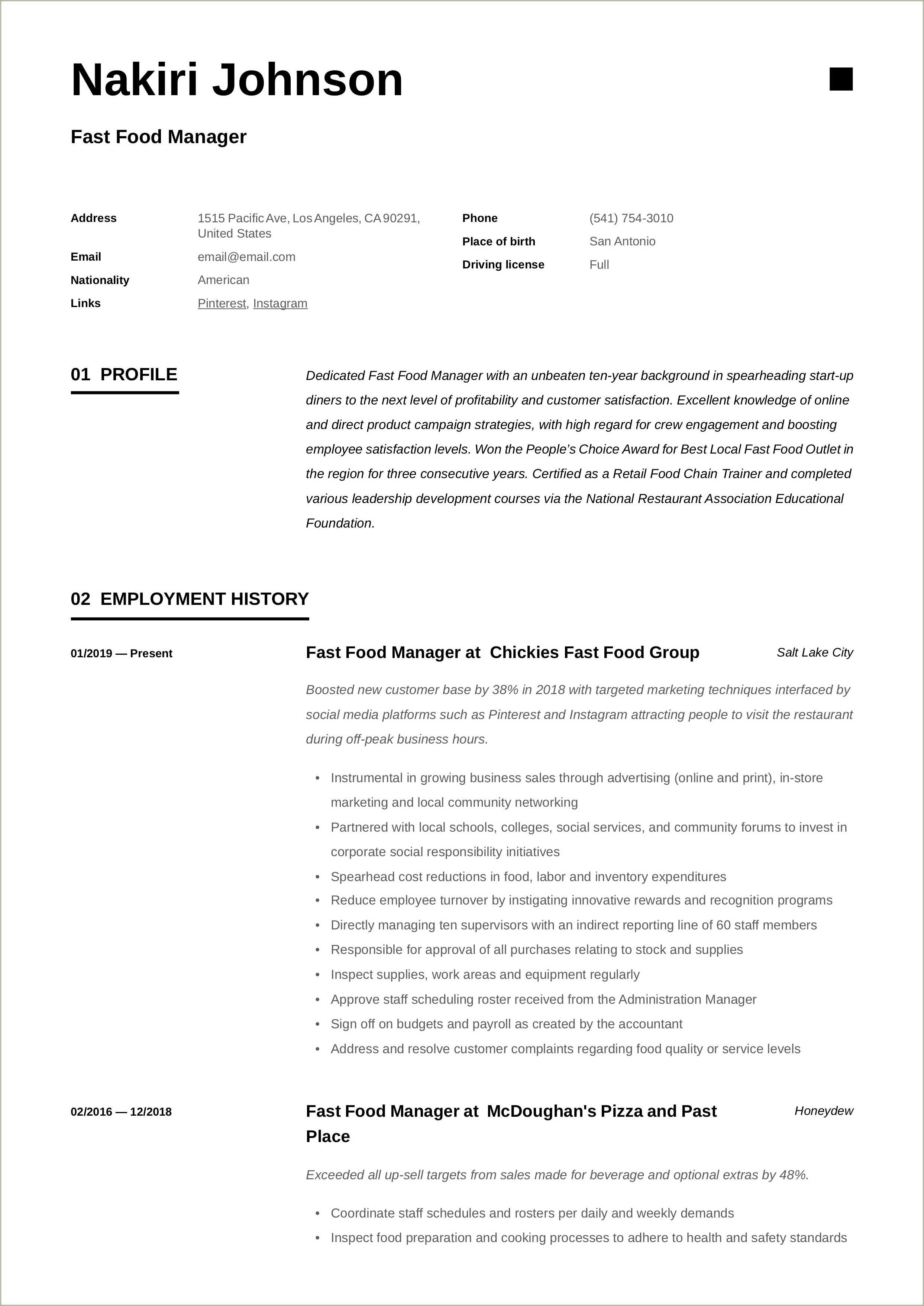 Fast Food Shift Manager Resume Skills