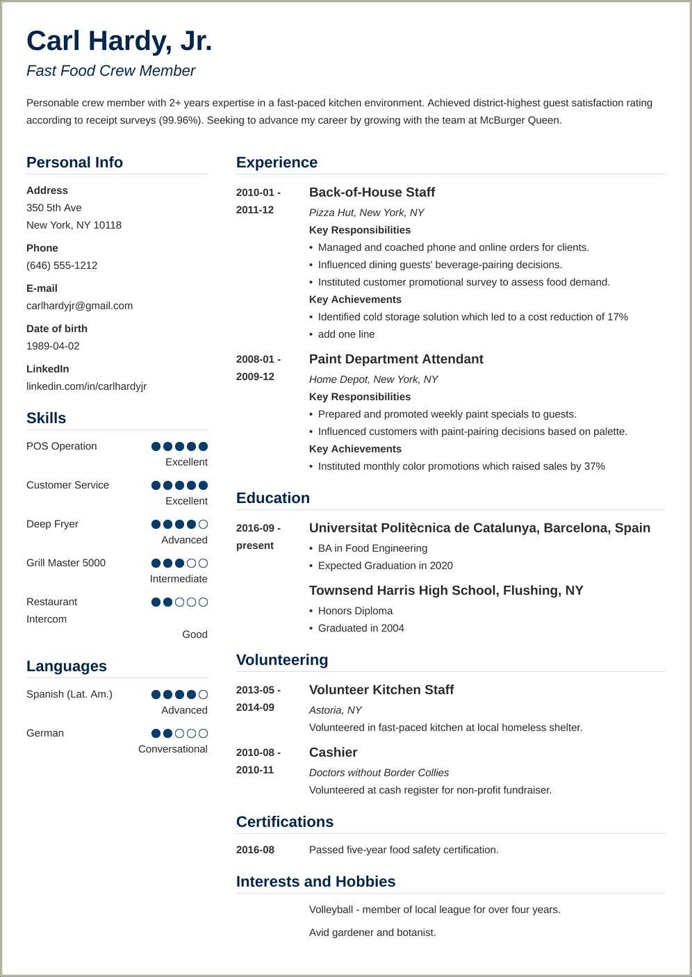 Fast Food Skills Resume Example