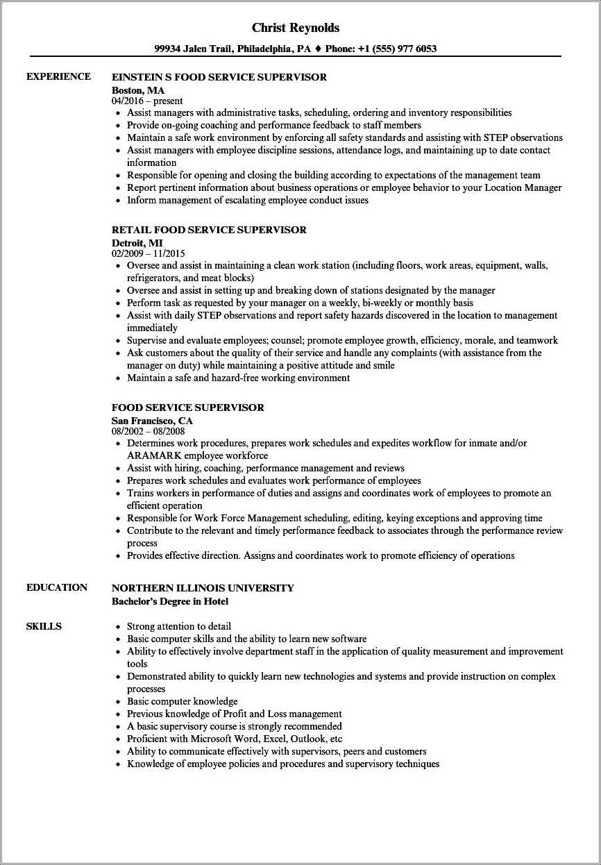 Fast Food Supervisor Job Description For Resume