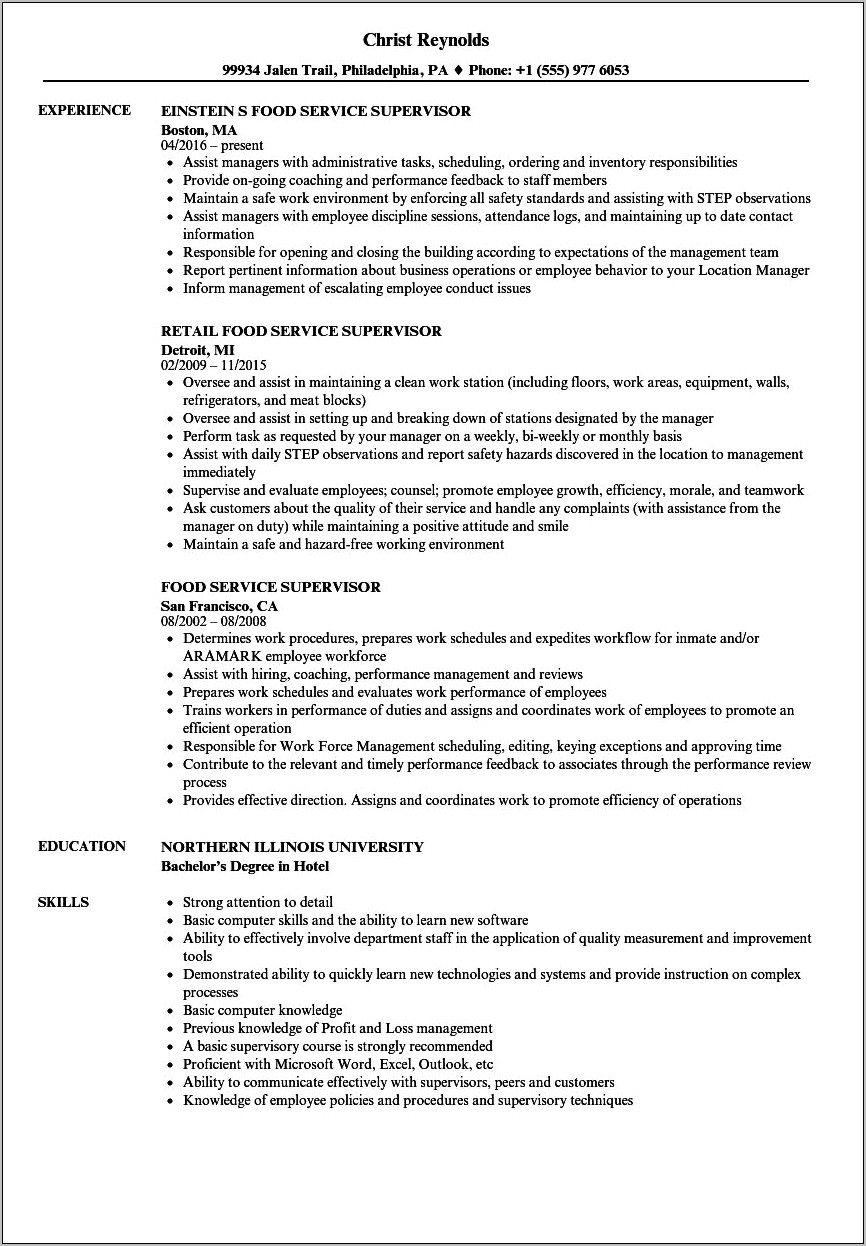 Fast Food Supervisor Resume Examples