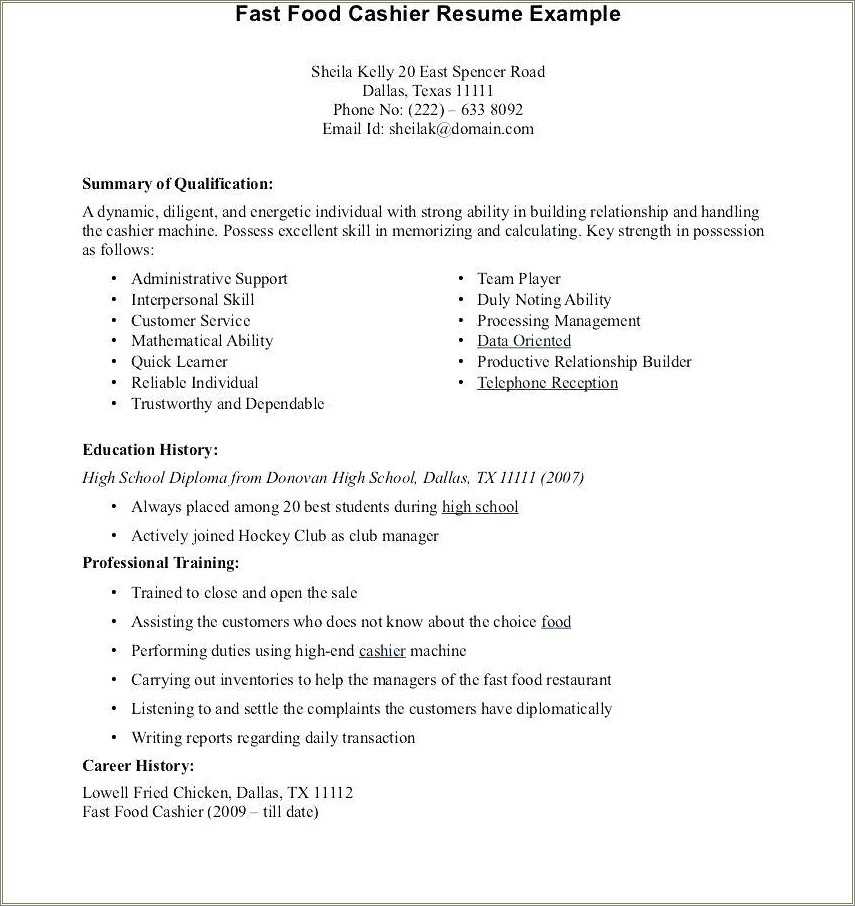 Fast Food Work Experience On Resume