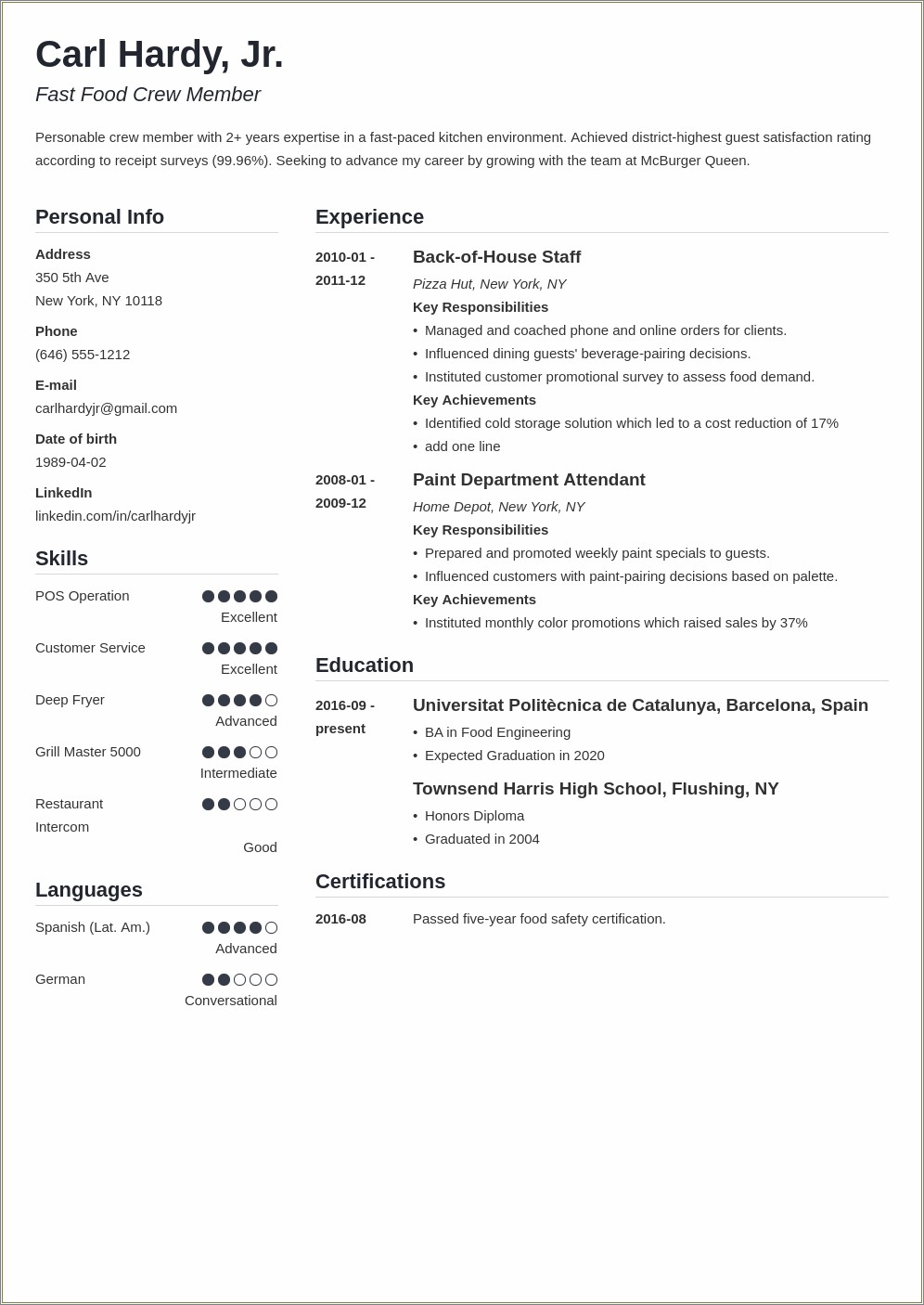 Fast Food Worker Resume Objective
