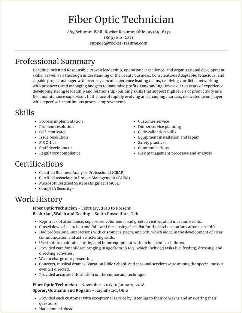 Fiber Optic Technician Resume Example Resume Example Gallery