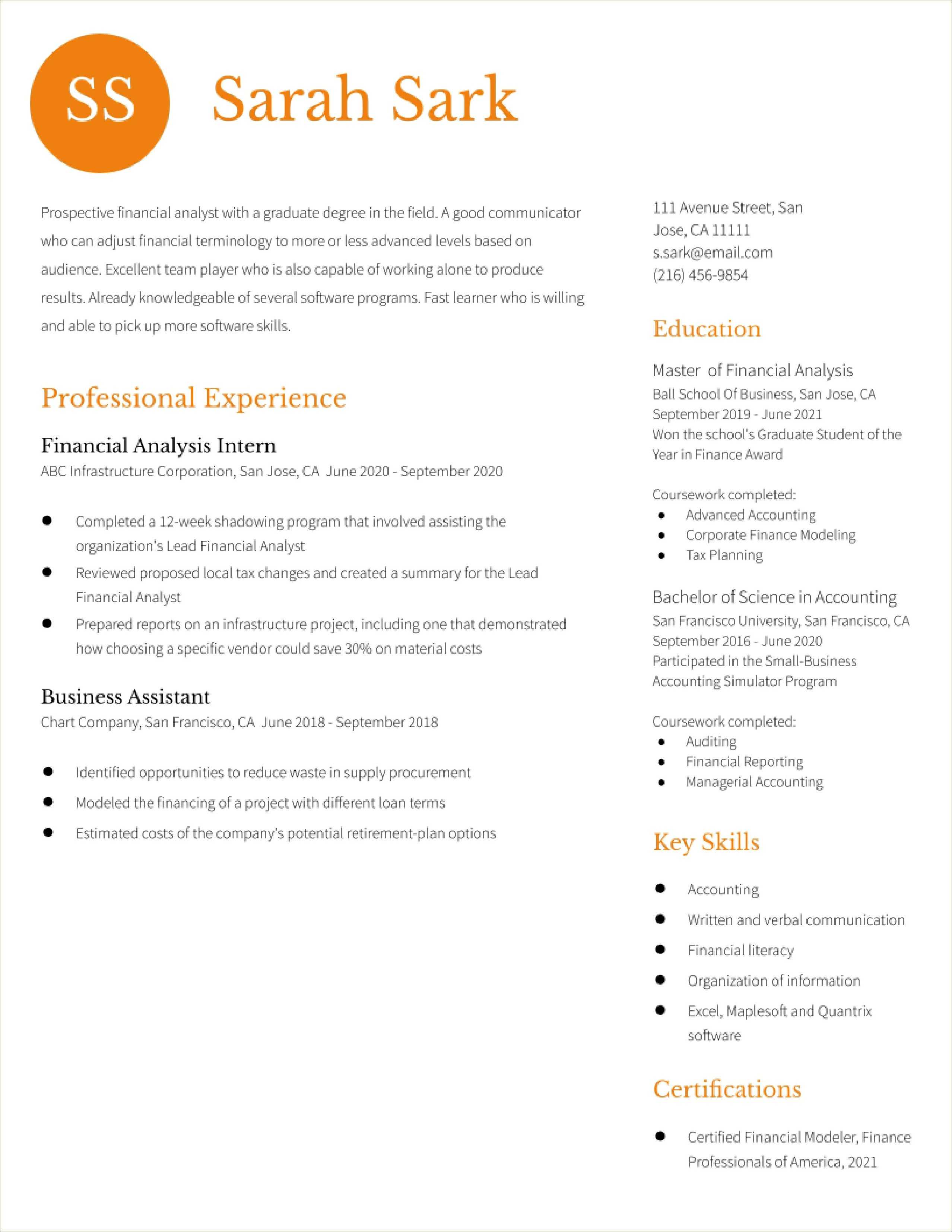 Financial Analyst Certification Resume Examples