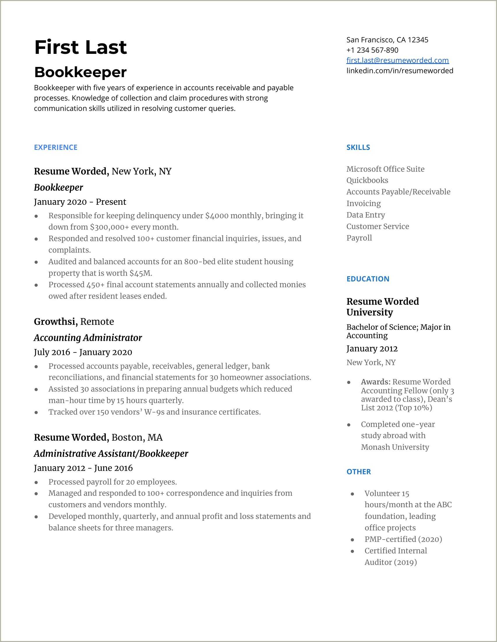 Financial Experience And Administrative Experience Resume