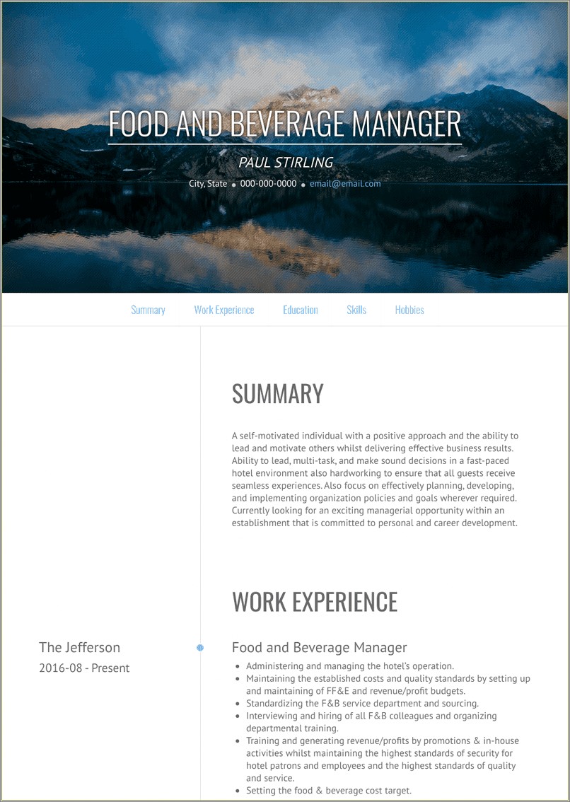 Food And Beverage General Manager Resume Sample