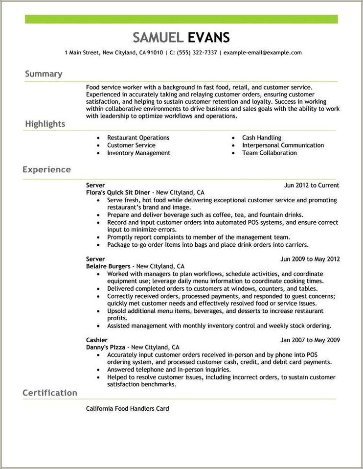 Food Customer Service Resume Description Of Work Example